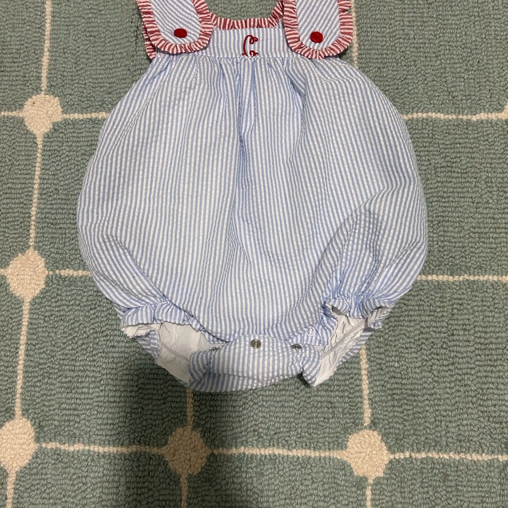 Striped Blue and White Romper with Red Accents